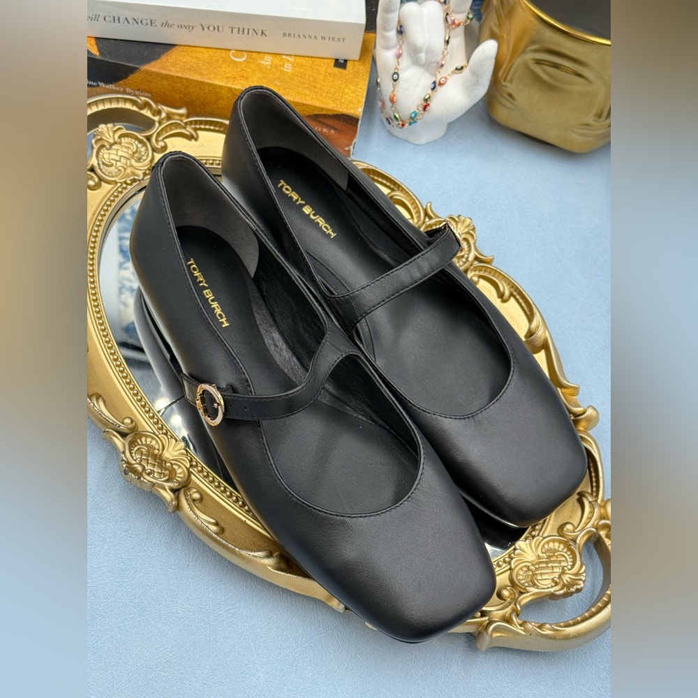 🆕 TORY BURCH 🧿 NWOB Selby Black Leather Square Toe Mary Jane Ballet Flats Sz 7 - Picture 12 of 14